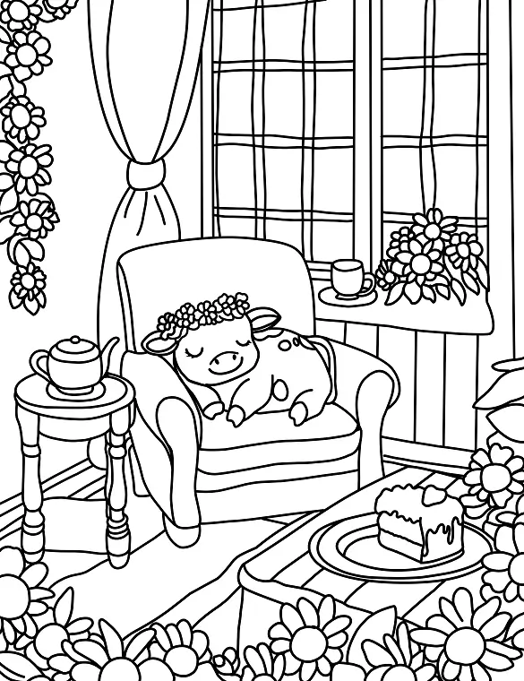 Cozy Baby Cow Sleeping in a Floral Cottage Printable Coloring Page By Mindset Flow
