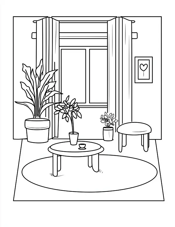 Cozy Living Room With Table And Plants Adult Coloring Page By Mindset Flow
