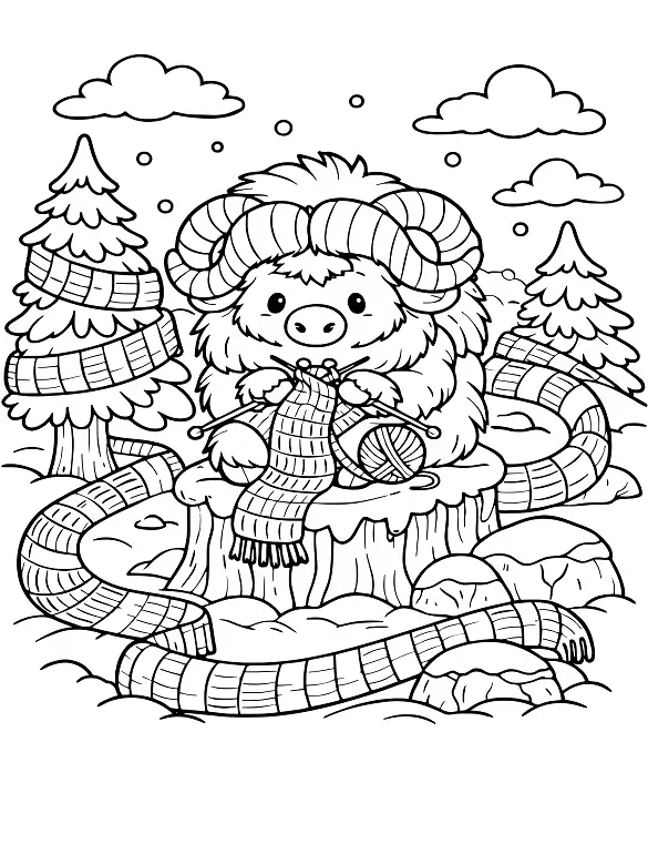 Cozy Muskox Knitting Winter Scarf Coloring Page By Mindset Flow