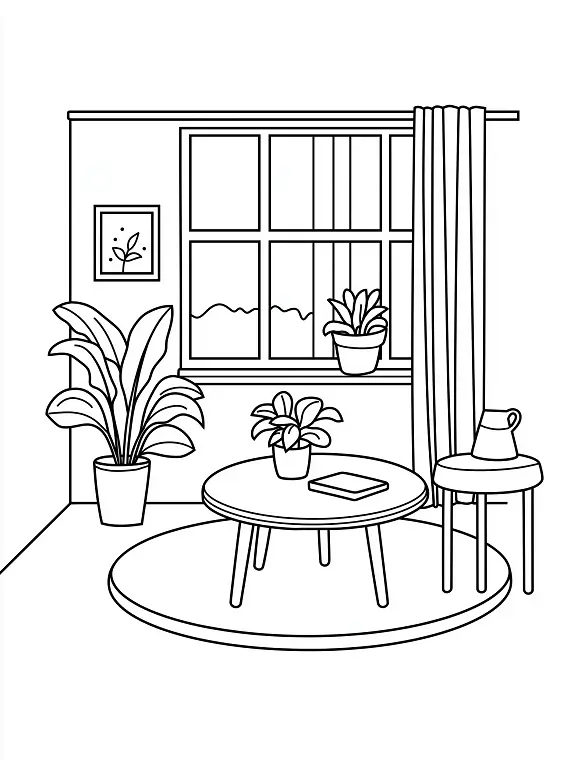 Cozy Room With Plants And Table Adult Coloring Page By Mindset Flow