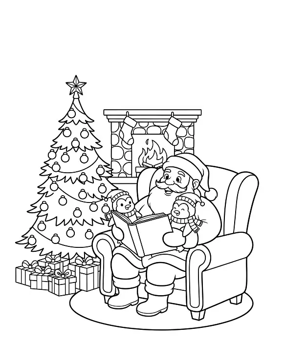 Cozy Santa Reading by Christmas Tree Coloring Page By Mindset Flow Cozy Santa Reading by Christmas Tree Coloring Page By Mindset Flow