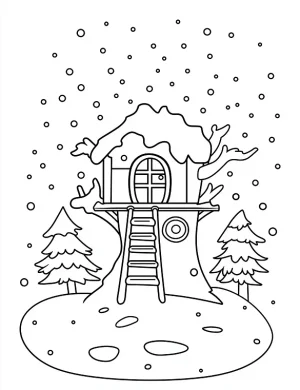 Cozy Treehouse in Snow Coloring Page for Christmas Mindset Flow