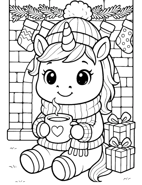 Cozy Unicorn Drinking Hot Chocolate by Fireplace with Gifts and Stockings Coloring Page