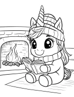 Cozy Unicorn Reading Book by Fireplace in Winter Scene Coloring Page