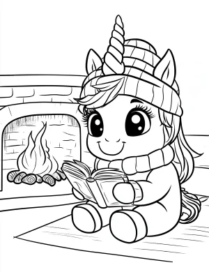 Cozy Unicorn Reading Book by Fireplace in Winter Scene Coloring Page
