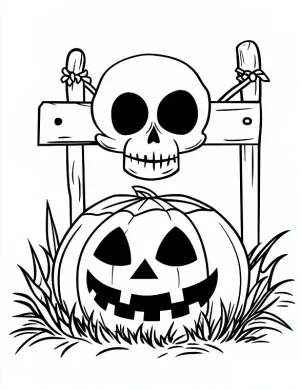 Creepy Skull Sign with Jack O Lantern Pumpkin Halloween Coloring Page by Mindset Flow