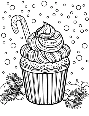Cupcake with Candy Cane and Snowflakes Christmas Coloring Page by Mindset Flow