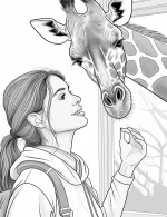 Curious Girl With Giraffe At Zoo Adult Coloring Page By Mindset Flow