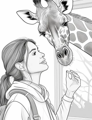 Curious Girl With Giraffe At Zoo Adult Coloring Page By Mindset Flow