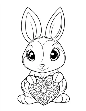 Cute Baby Bunny Holding Mandala Heart Coloring Page by Mindset Flow