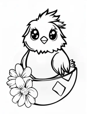 Cute Baby Chick in Easter Basket with Daffodil Coloring Page