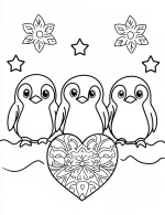 Cute Baby Penguins Sitting With Heart Mandala Flower And Stars Coloring Page By Mindset Flow