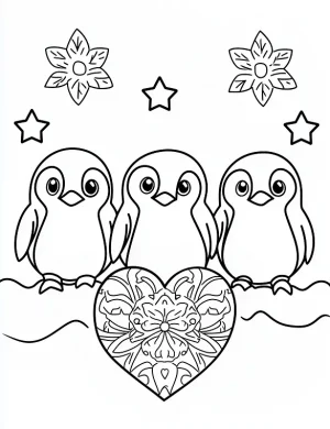 Cute Baby Penguins Sitting With Heart Mandala Flower And Stars Coloring Page By Mindset Flow