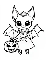 Cute Bat Wearing a Princess Dress Holding a Pumpkin Coloring Page by Mindset Flow