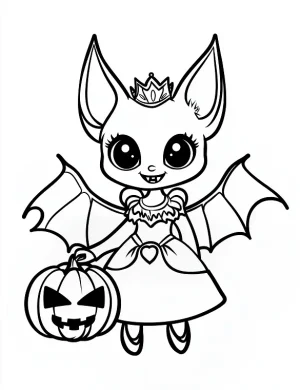 Cute Bat Wearing a Princess Dress Holding a Pumpkin Coloring Page by Mindset Flow