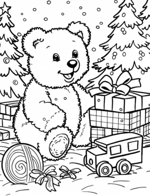 Cute Bear with Gifts and Toys Christmas Coloring Page By Mindset Flow