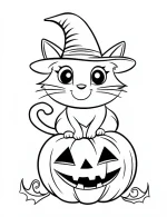 Cute Black Cat Wearing Witch Hat Sitting On Pumpkin Coloring Page by Mindset Flow
