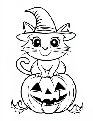Cute Black Cat Wearing Witch Hat Sitting On Pumpkin Coloring Page by Mindset Flow