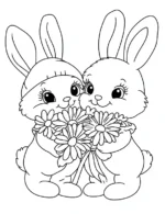 Cute Bunnies With Flower Bouquet Flower Coloring Page By Mindset Flow