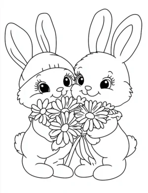 Cute Bunnies With Flower Bouquet Flower Coloring Page By Mindset Flow