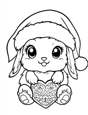 Cute Bunny Holding Heart Mandala with Santa Hat Coloring Page by Mindset Flow