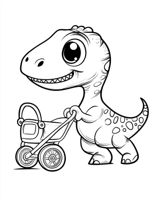 Cute Cartoon Dinosaur Pushing Baby Stroller Coloring Pages
