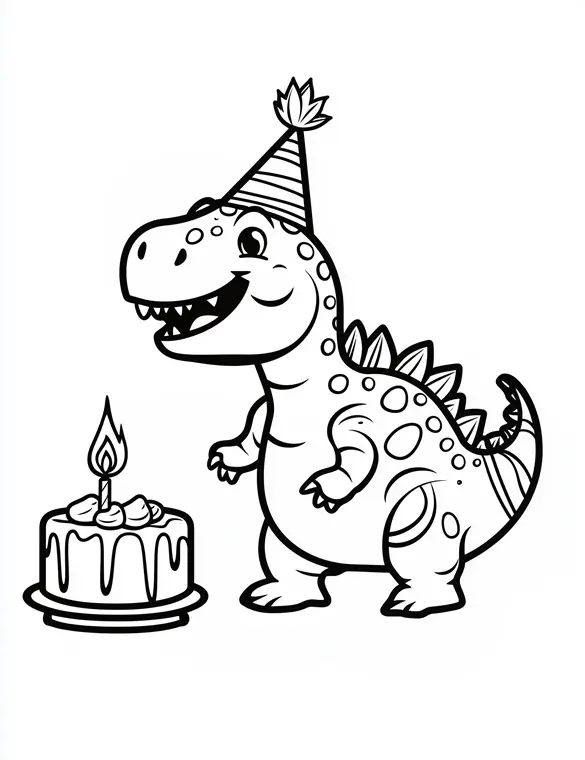 Cute Cartoon Dinosaur with Party Hat and Cake Coloring Page