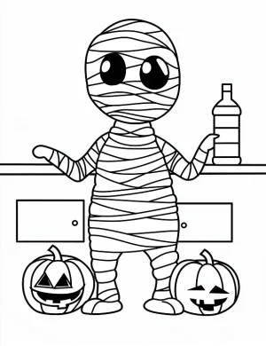 Cute Cartoon Mummy Holding a Bottle Coloring Page by Mindset Flow