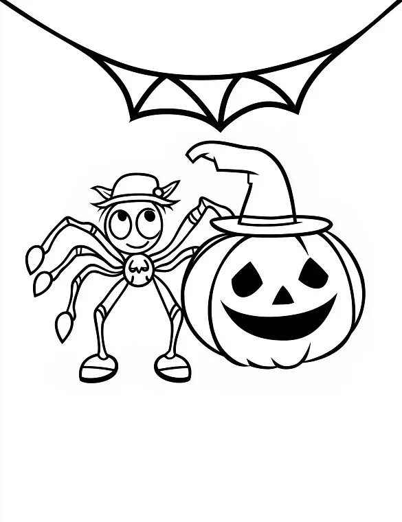 Cute Cartoon Spider and Pumpkin Halloween Coloring Page by Mindset Flow