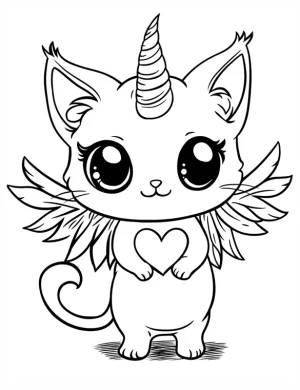 Cute Cartoon Unicorn Cat with Heart and Wings Coloring Page