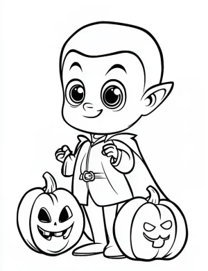 Cute Cartoon Vampire Boy with Pumpkins Halloween Coloring Page by Mindset Flow