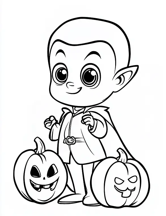 Cute Cartoon Vampire Boy with Pumpkins Halloween Coloring Page by Mindset Flow