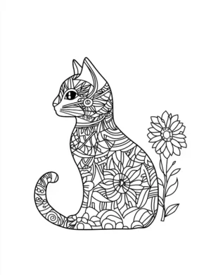 Cute Cat Surrounded By Floral Patterns Flower Coloring Page By Mindset Flow