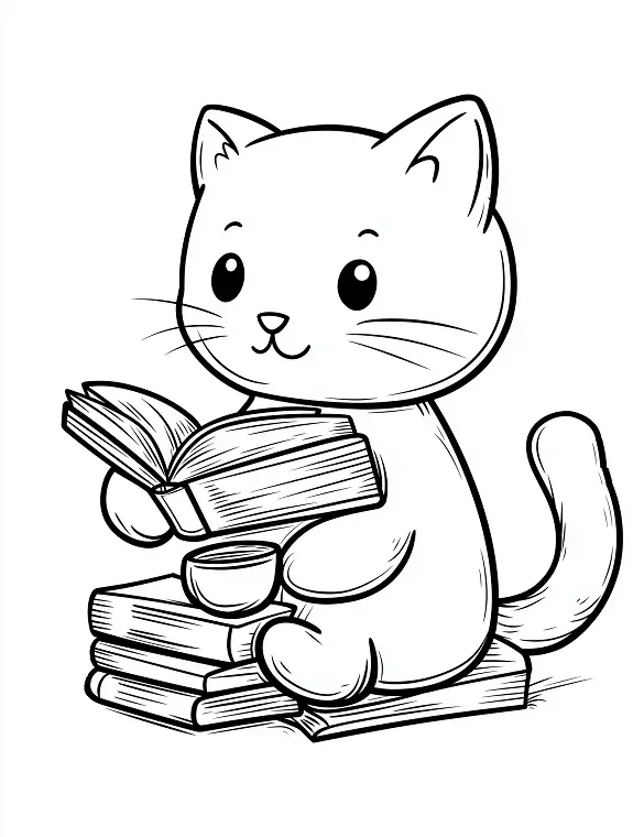 Cute Cat With Books And Cup Adult Coloring Page By Mindset Flow