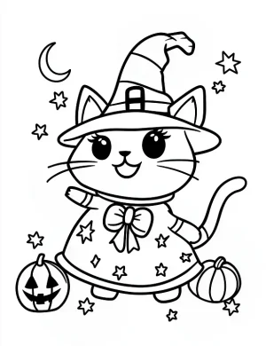Cute Cat in Witch Hat and Bow Halloween Coloring Page by Mindset Flow