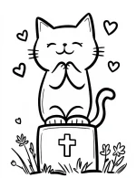 Cute Cat on Gravestone with Hearts Halloween Coloring Page by Mindset Flow
