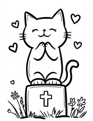 Cute Cat on Gravestone with Hearts Halloween Coloring Page by Mindset Flow