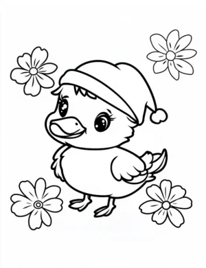 Cute Christmas Duckling with Flowers Coloring Page by Mindset Flow