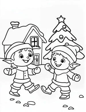 Cute Christmas Elves Winter Cabin Coloring Page By Mindset Flow