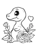 Cute Dino Love with Roses Flower Coloring Page By Mindset Flow