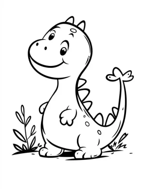 Cute Dinosaur Smiling Standing Among Plants Coloring Page