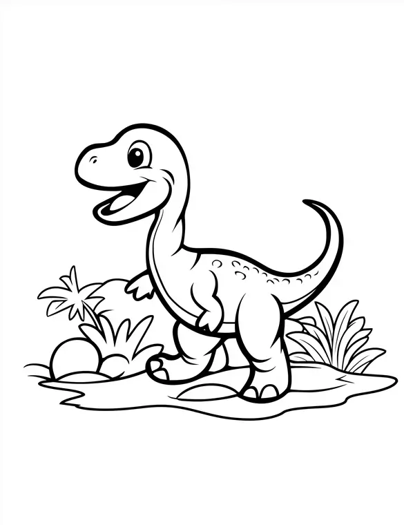 Cute Dinosaur for Little Ones in Prehistoric Landscape Printable Coloring Page
