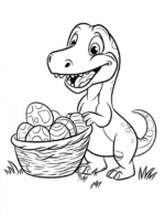 Cute Dinosaur with Easter Eggs in Basket Printable Coloring Page