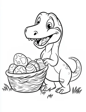 Cute Dinosaur with Easter Eggs in Basket Printable Coloring Page