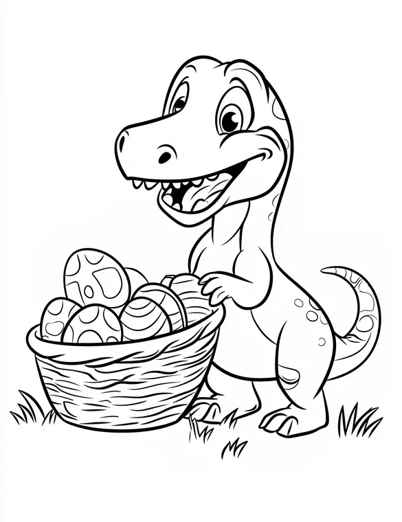 Cute Dinosaur with Easter Eggs in Basket Printable Coloring Page