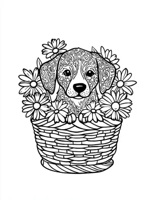 Cute Dog Mandala with Flowers in a Basket Coloring Page by Mindset Flow