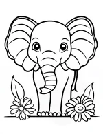 Cute Elephant with Two Flowers Accent Adult Coloring Page
