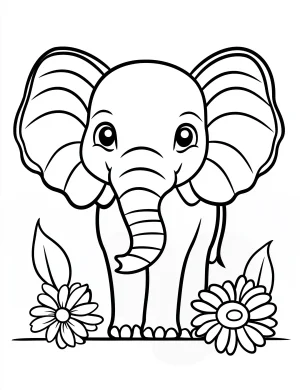 Cute Elephant with Two Flowers Accent Adult Coloring Page