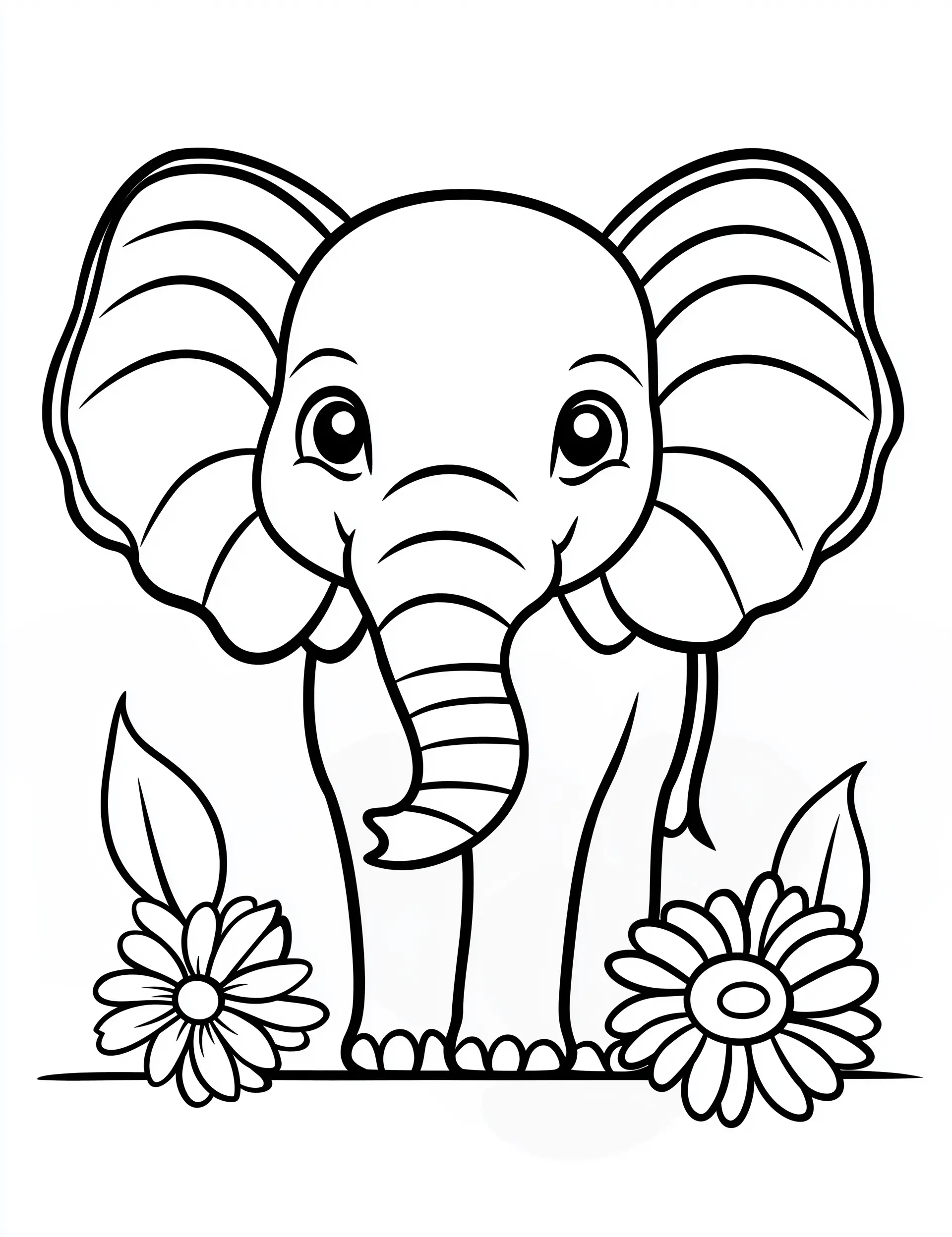 Cute Elephant with Two Flowers Accent Adult Coloring Page