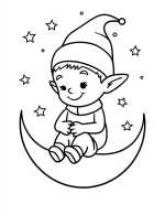 Cute Elf Sitting on Moon with Stars Coloring Page by Mindset Flow